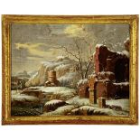 Anonym 18. Jh. "Winterlandschaft". Oel auf Papier, auf Karton aufgezogen. Krakeliert. Gerahmt.