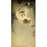 Ohara Koson 1877-1945 Japanischer Farbholzschnitt um 1920, gerahmt. Äffchen an einem Bambuszweig.