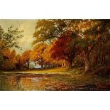 Arnegger Alois 1879 - 1963 Wien "Herbstliche Waldlichtung mit Teich". Oel auf Leinwand. Unten