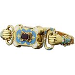 Biedermeier-Bracelet Gelbgold 750. Um 1840. Mit Email verziert, leicht bestossen. Im Zentrum ein