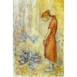 Prantl Josef 1901 - 1992 Innsbruck "Die Taubenfrau". Oel auf Hartfaserplatte. Verso abermals