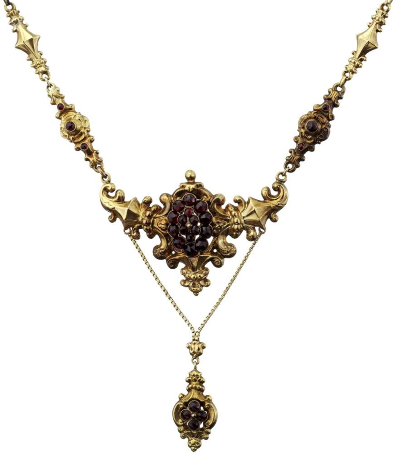 Biedermeier-Collier Gelbgold ca. 18 Kt. Um 1840. Ausgefasst mi zahlreichen runden Granaten. Mit