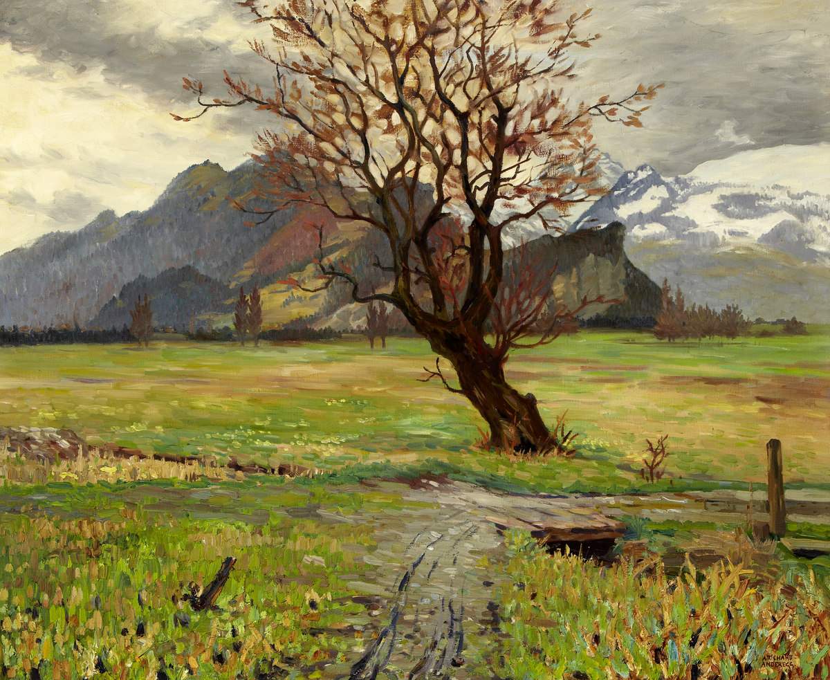 Anderegg Richard Alexander 1880 Azmoos - 1969 Thal "Rheintal-Landschaft". Oel auf Leinwand. Unten