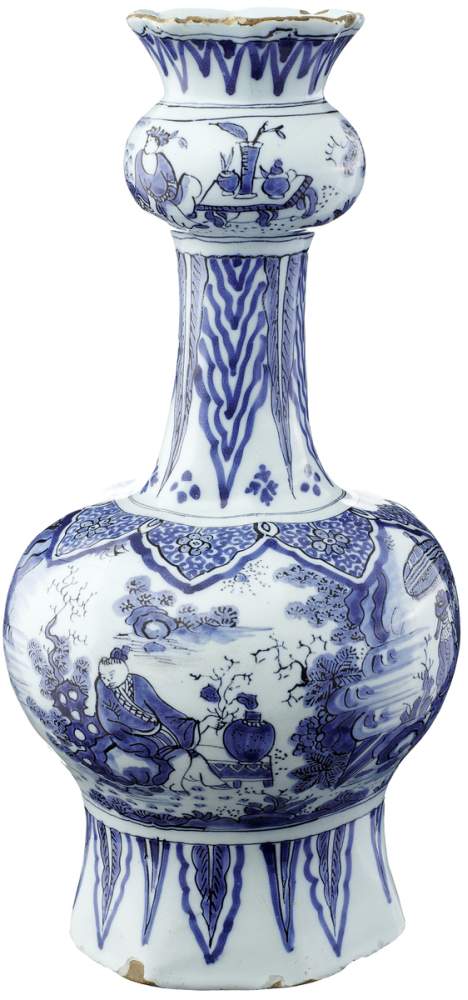 Fayence-Vase Wohl Frankfurt 18. Jh. Bläulich-weiss glasierte Fayence. Umlaufende Blaumalerei mit