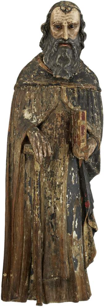 Heiliger Beatus Um 1700. Vollplastisch geschnitzte, rückseitig abgeflachte Holzskulptur. Reste von