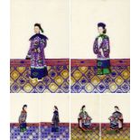 Sechs Malereien China 19. Jh. Gouache auf Markpapier, gerahmt. Darstellung von Beamten und deren