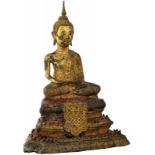 Grosser Buddha Thailand um 1900. Bronze mit vergoldeter Lackfassung, Ratanakosin-Stil. Auf