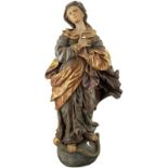 Immaculata 18. Jh. "Madonna auf der Weltkugel mit Schlange". Holzskulptur. Rückseitig gehöhlt.