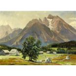 Koch Josef 1886 - 1966 München "Dorf Taubensee mit Hochkalter und Watzmann". Oel auf Leinwand.