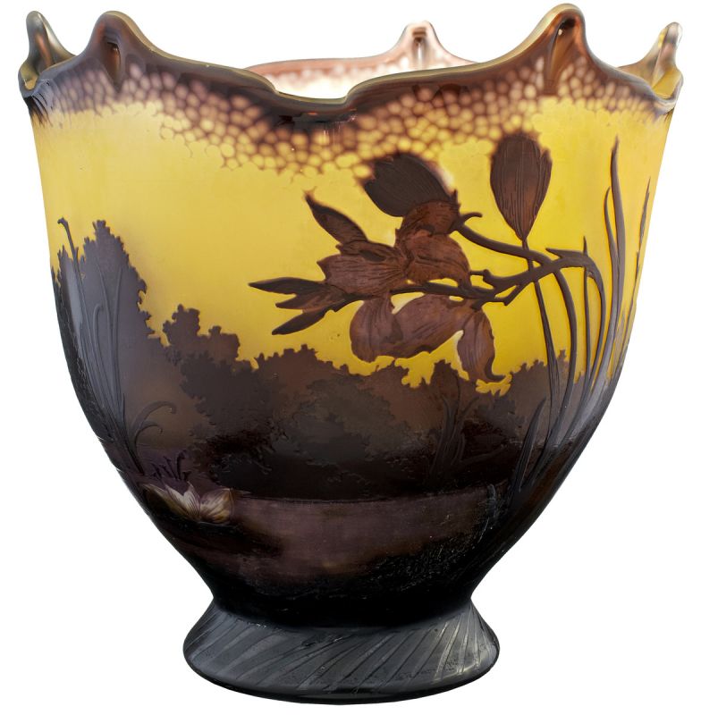 Vase "Gallé" Nancy Anfang 20. Jh. Emile Gallé. Farbloses Glas mit honiggelbem und violettem