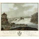 Rheinfall "Rheni Cataractam in Pago Scaphusiano". Farbstich um 1780 von Rosenberg/Descourtis.