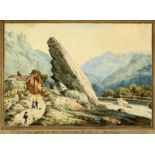 Meiringen Aquarell 19. Jh. Bezeichnet "... Röhe Ohistein dans la vallée de Meyringen". Gerahmt.