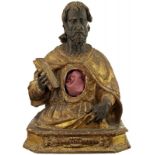 Reliquienbüste 18. Jh. "Heiliger Justinus". Holz geschnitzt. Partiell vergoldet und versilbert (