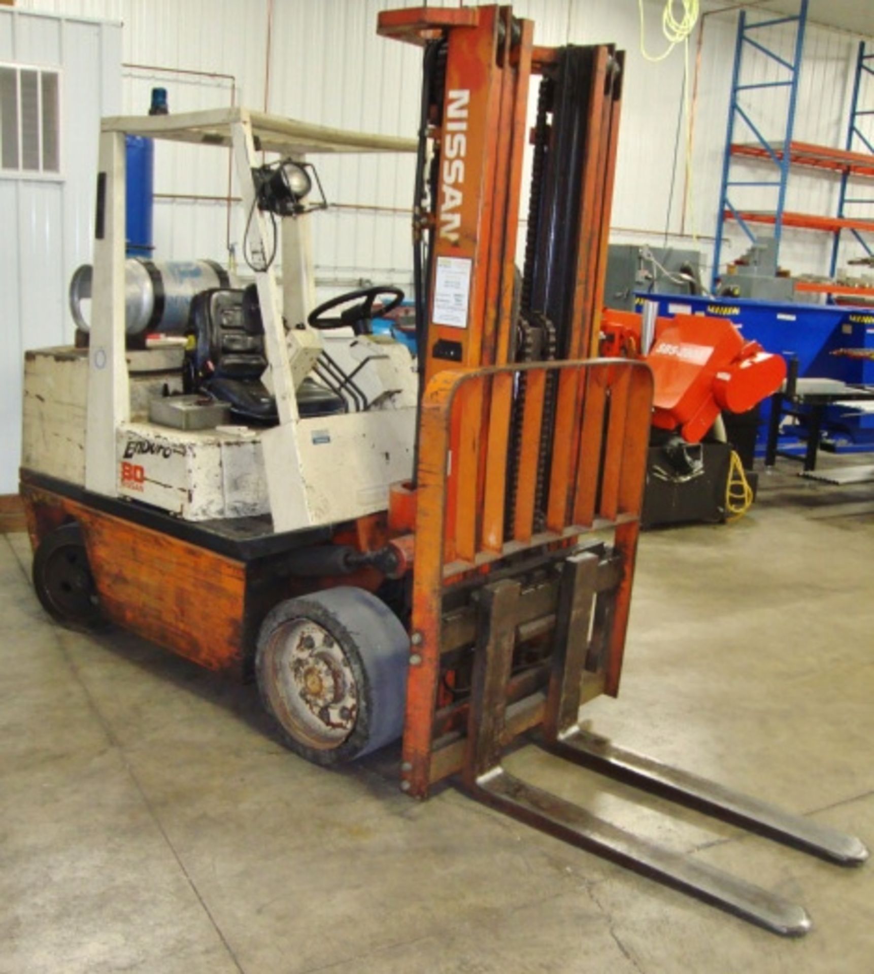 Nissan 80 LP Forklift, 8000lb capacity, 191" Lift, Sideshift, solid tires, Note: Does NOT include