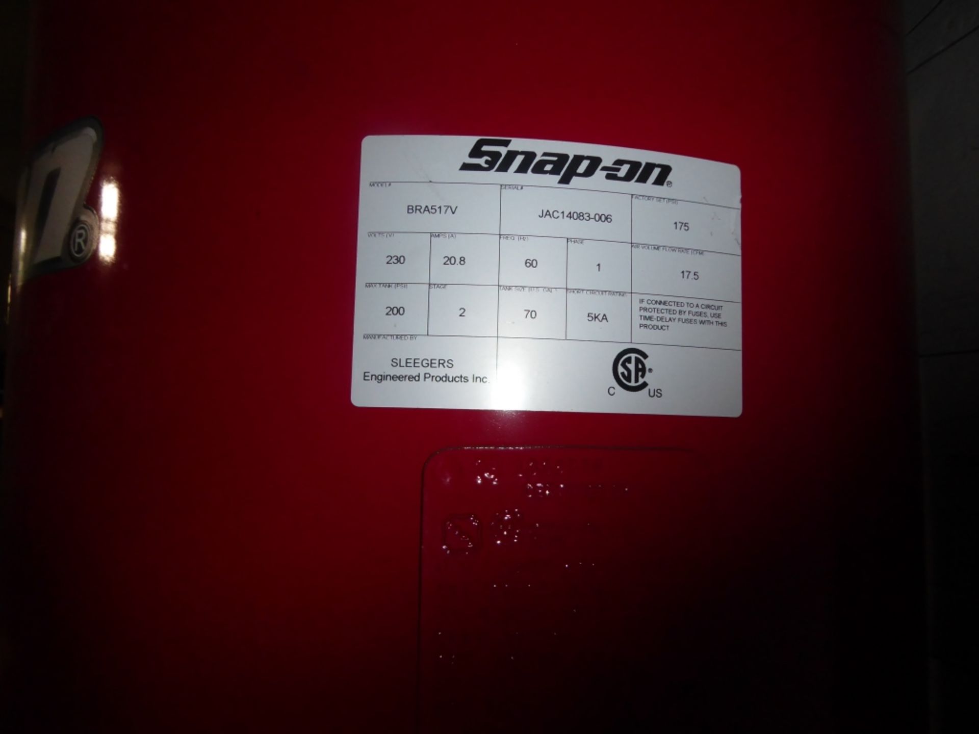 Snap On 5 HP 70 Gallon Air Compressor Nearly new air compressor which retails at $3,695.00 on Snap - Image 4 of 4