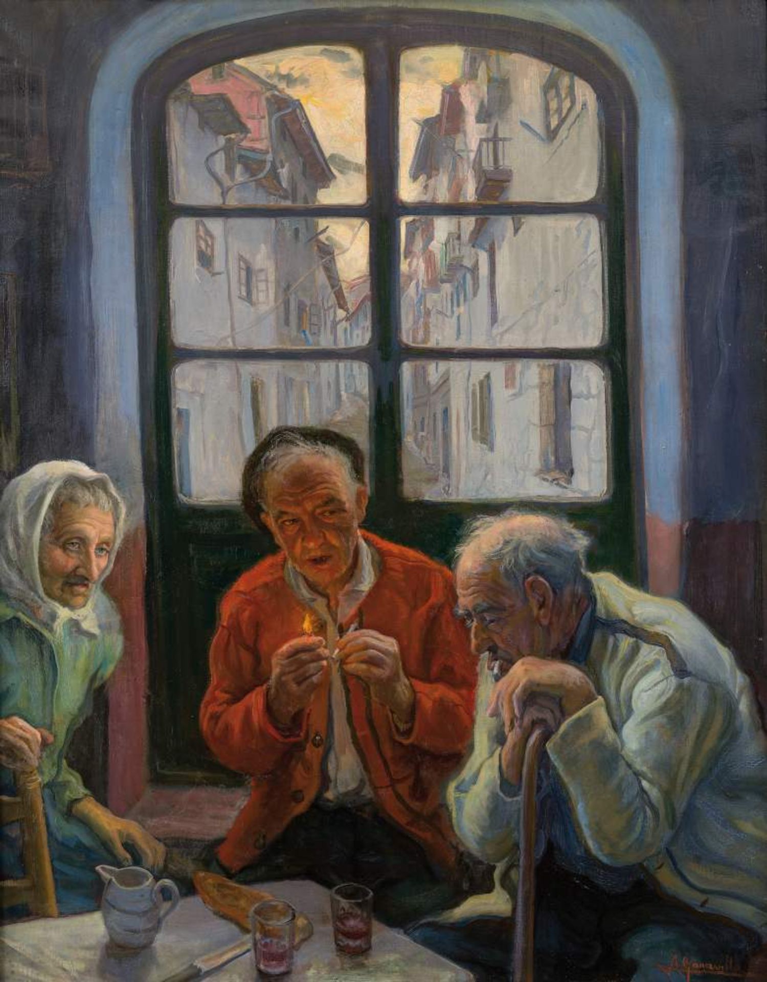 ÁNGEL GARAVILLA (Vizcaya, 1906  Barcelona, 1961) Encendiendo el Cigarrillo Óleo//Lienzo. firmado: