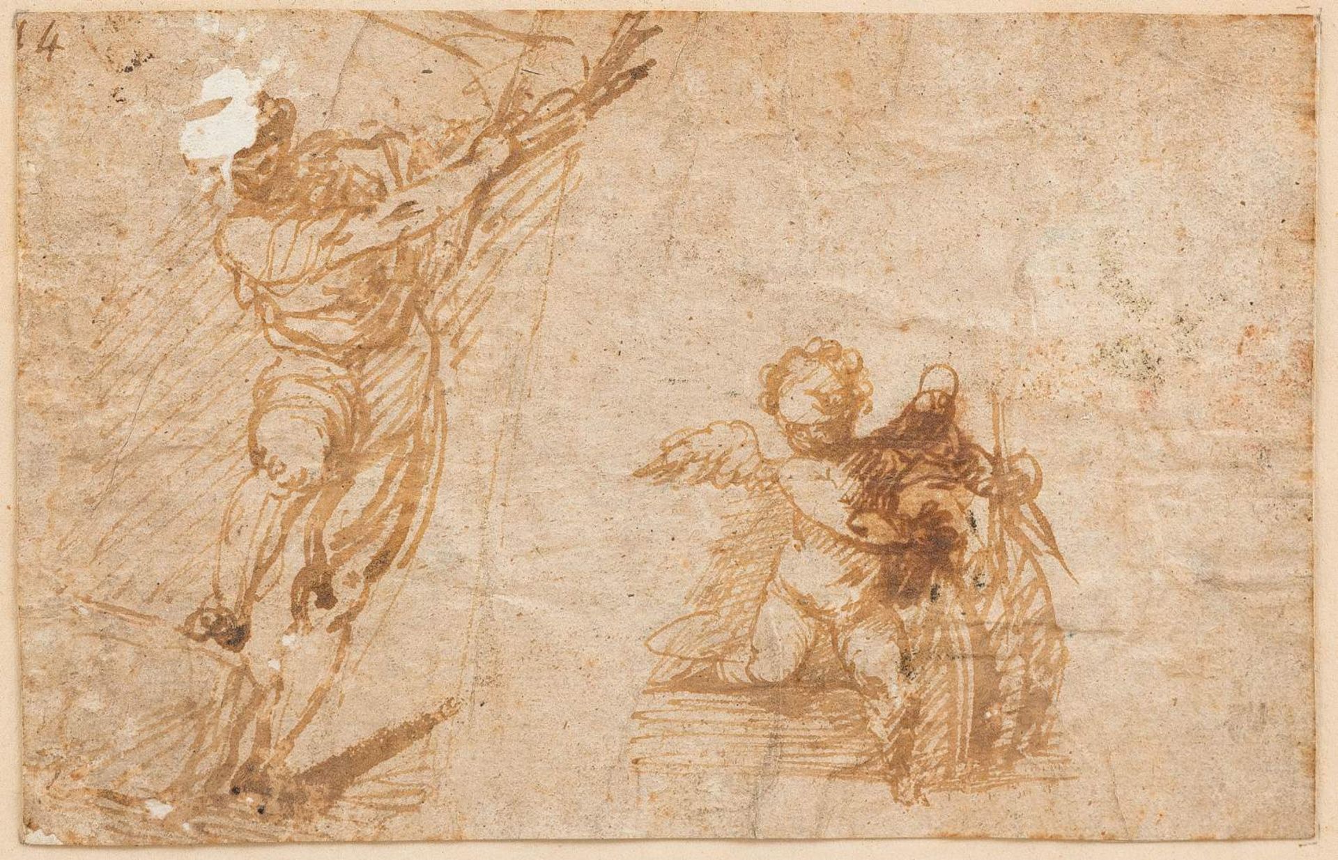 ESCUELA ITALIANA, Siglo XVII Arcángel Tinta Marrón/Papel. Enmarcado.9,5 x 14,5 cms.