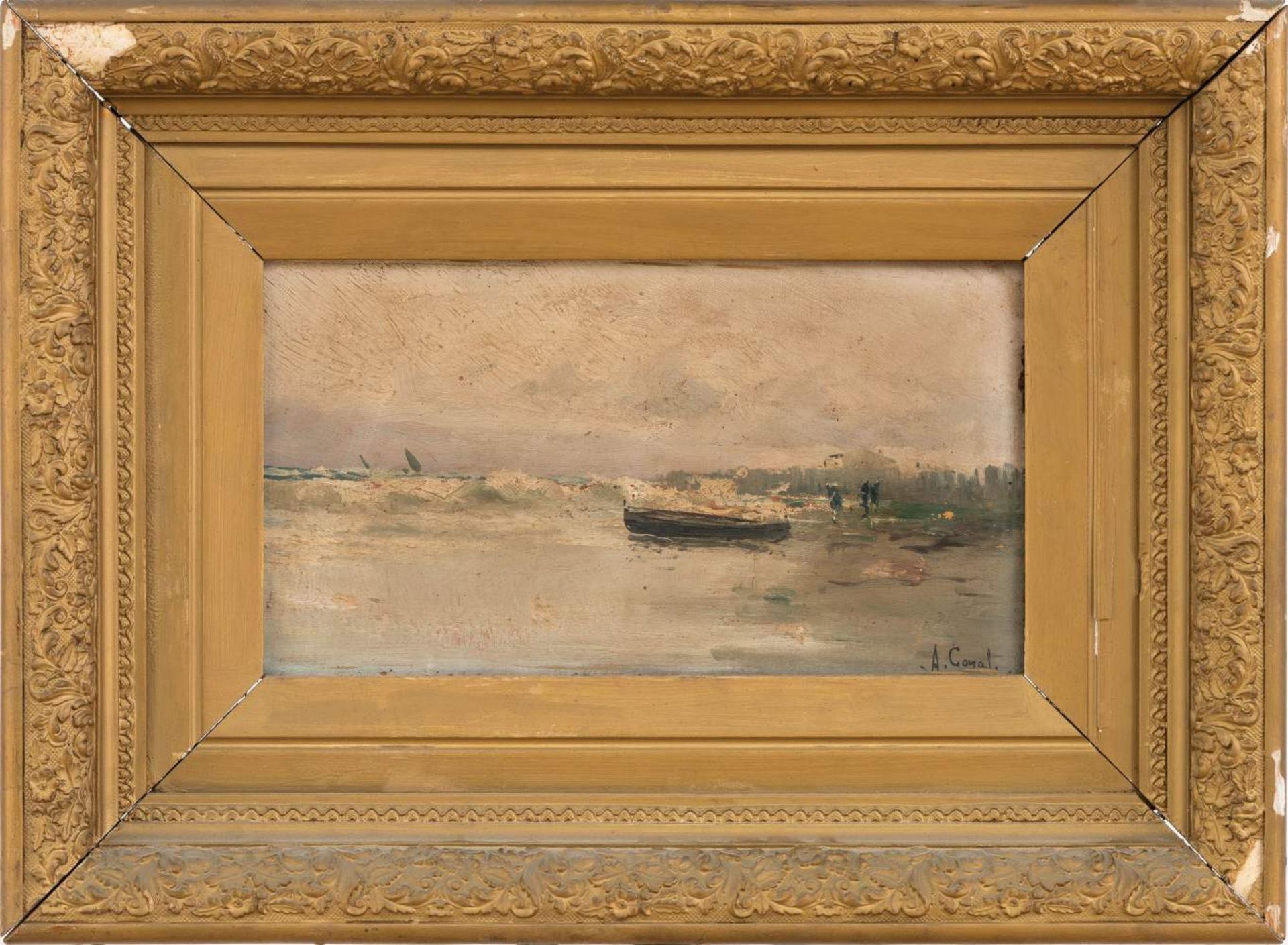 ESCUELA FRANCESA, Siglo XIX Marina con barcas Varadas Óleo/Tabla. firmado: A. Goval. Presenta