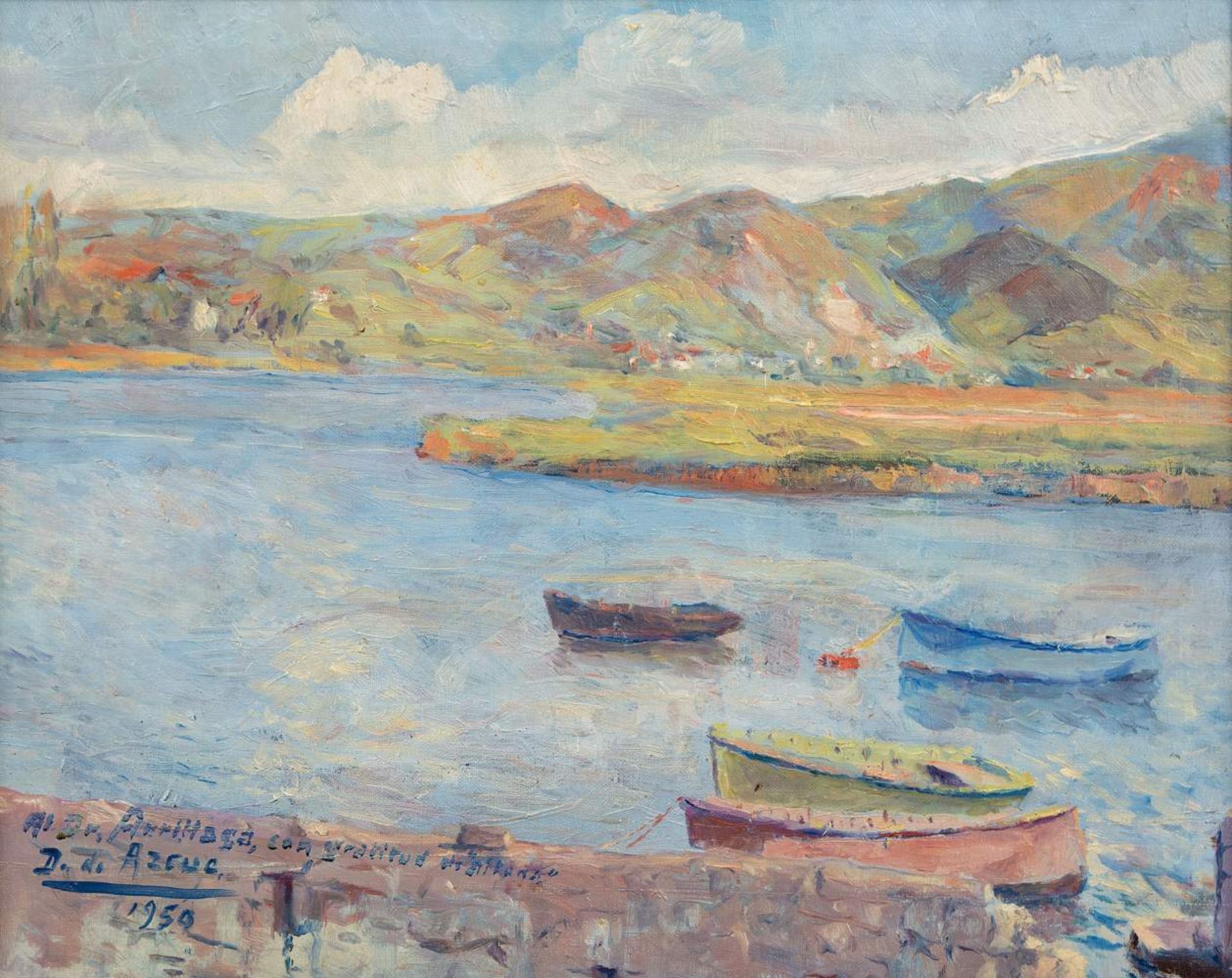 DIONISIO AZCUE (Guipúzcoa, 1885-1964) Paisaje con barcas Óleo/Lienzo. 1950 firmado: D. de Azcue.
