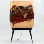 ALDO TURA (1909 -1963) Mueble bar pintado sobre madera y realizado en  pergamino, vidrio, bronce y