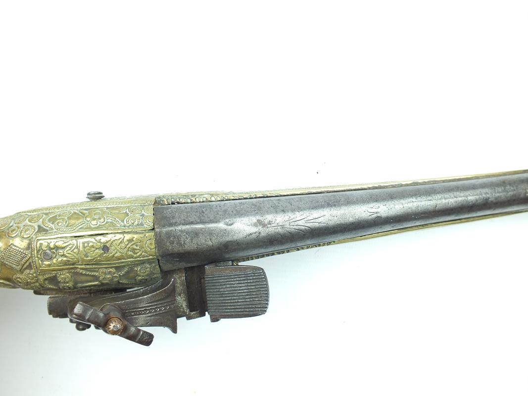 A brass mounted Balkan miquelet lock holster pistol, 12.5inch slightly swamped barrel, plain lock, - Image 9 of 9