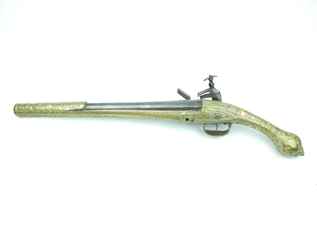 A brass mounted Balkan miquelet lock holster pistol, 12.5inch slightly swamped barrel, plain lock, - Image 2 of 9