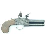 A flintlock boxlock tap-action over and under travelling pistol, 3inch turn-off barrels, border