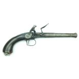 A silver mounted flintlock Queen-Anne cannon barrelled travelling pistol, 5.25inch two-stage