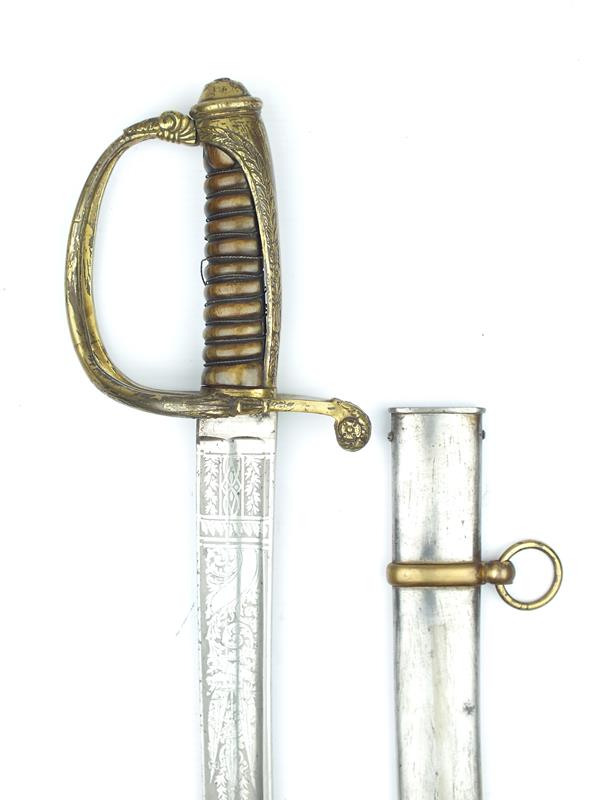 A Prussian Officer's Sabre, 85.5cm curved blade with clipped back point, etched with stands of