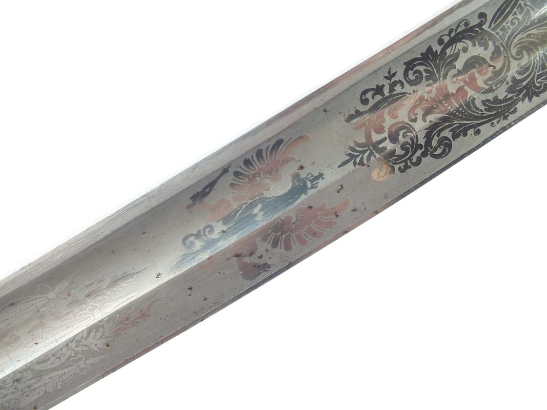 A Prussian Officer's Sabre, 85.5cm curved blade with clipped back point, etched with stands of - Image 6 of 9