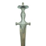 A silver damascene hilted Tulwar, 74.5cm curved blade incised with an urn-shaped device and