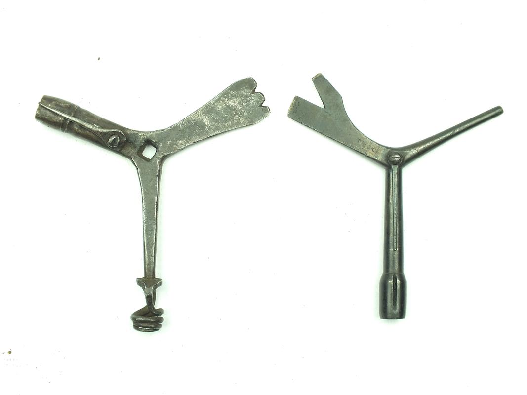 Two various Brunswick Rifle combination tools, the first with spanner aperture, pricker, nipple key,