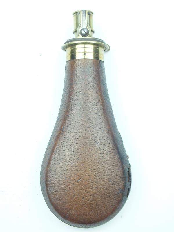 A Sykes Patent pivoting top powder flask for a rifle, the brown pig-skin covered body (worn) with - Image 2 of 9
