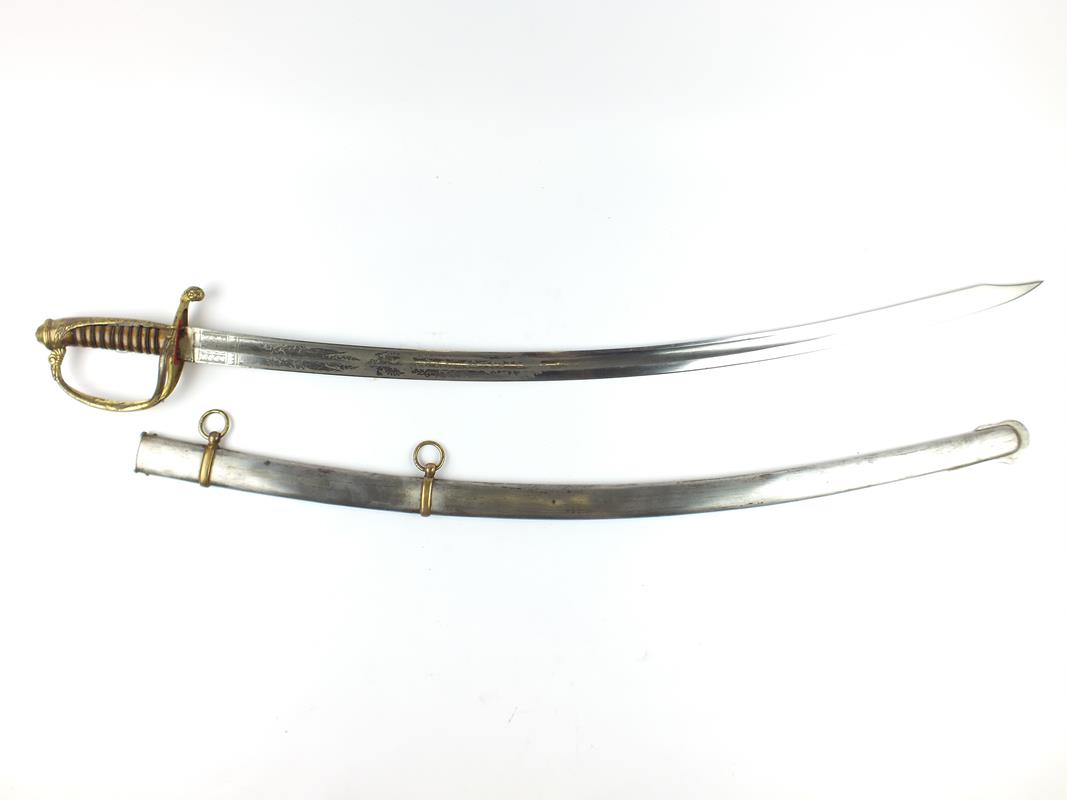 A Prussian Officer's Sabre, 85.5cm curved blade with clipped back point, etched with stands of - Image 8 of 9