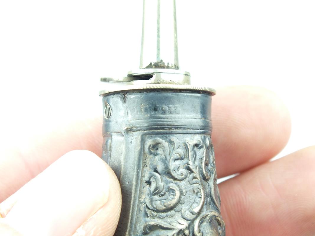 Two miniature hallmarked silver powder flasks, each embossed with geometric designs and a further - Image 8 of 9