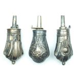 Two miniature hallmarked silver powder flasks, each embossed with geometric designs and a further