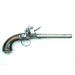 A silver mounted flintlock Queen Anne travelling pistol by Harris, 6.5inch turn-off barrel signed