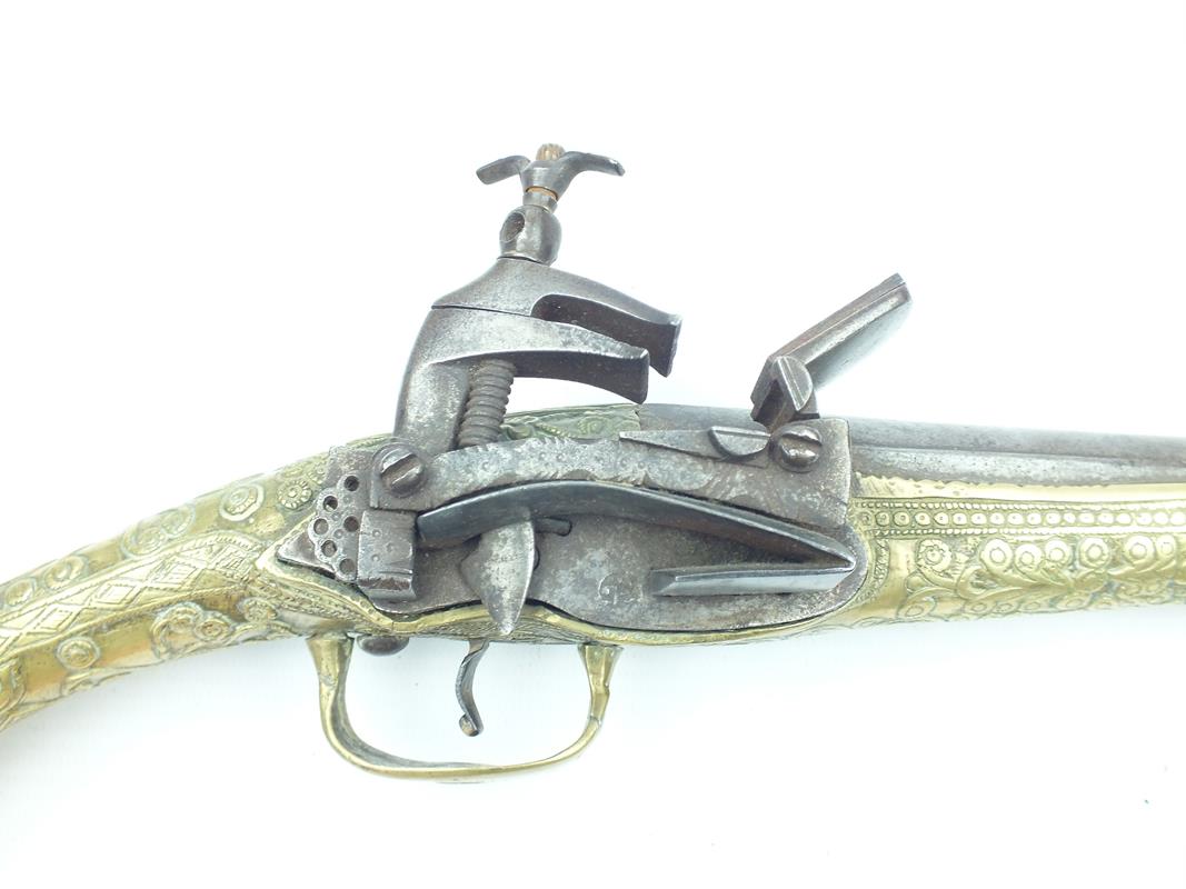 A brass mounted Balkan miquelet lock holster pistol, 12.5inch slightly swamped barrel, plain lock, - Image 8 of 9