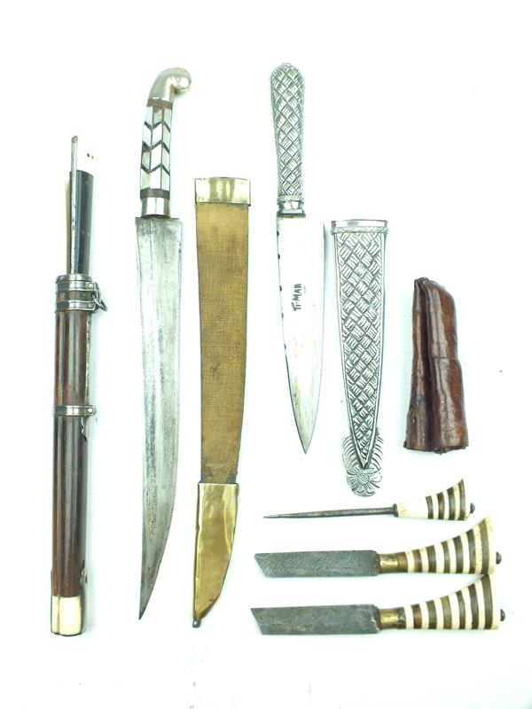 A Chinese Trousse or eating set, together with a South American Goucho knife a mother-o'-pearl