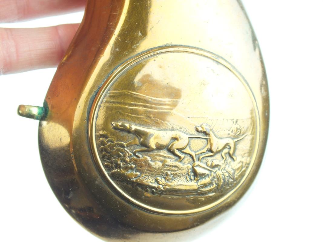 A rare Dixon kidney shaped powder flask, the kidney shaped copper body embossed with a hunting - Image 6 of 9