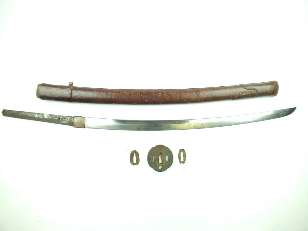 A Japanese Military Katana, 61.5cm curved blade with two mekugi-ana, fully bound tsuka with military