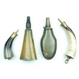 Two modern powder priming horns, together with two Continental polished horn powder flask. (4)