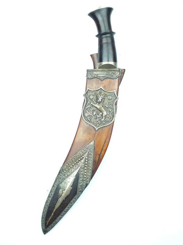 A fine early 20th Century white metal mounted box Kothimora Kukri, 30cm sharply curved blade with