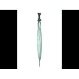 A good Boa/Zande Congo short sword, 57cm narrow leaf-shaped blade with tapering thin tip, pierced at