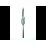 A Central African spear head, 33.5cm elongated leaf shaped head with raised medial ridge and