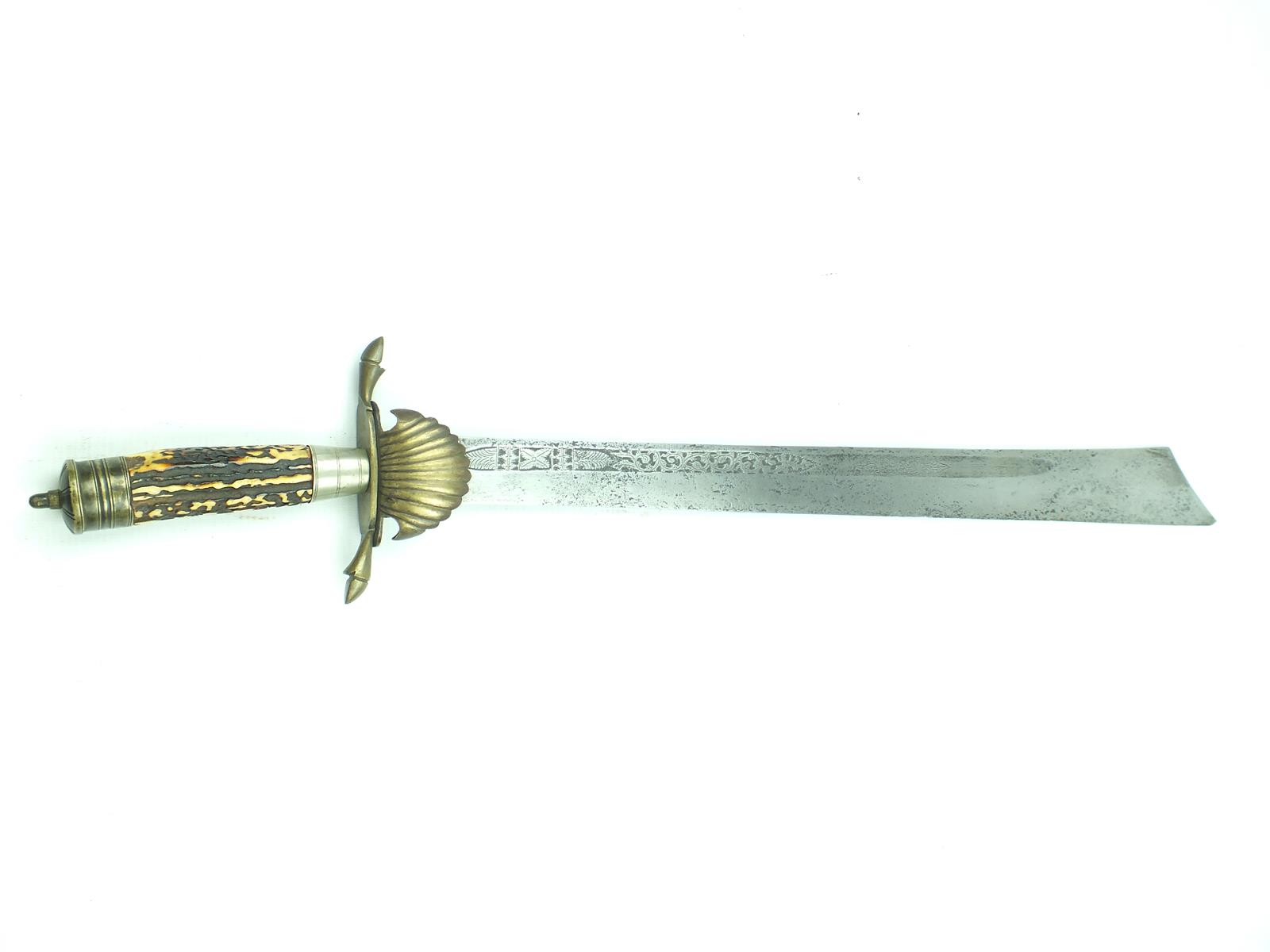 A 19th Century Dutch East Indies Hunting Hanger with Klewang Blade, 57.5cm blade decorated with - Image 6 of 8