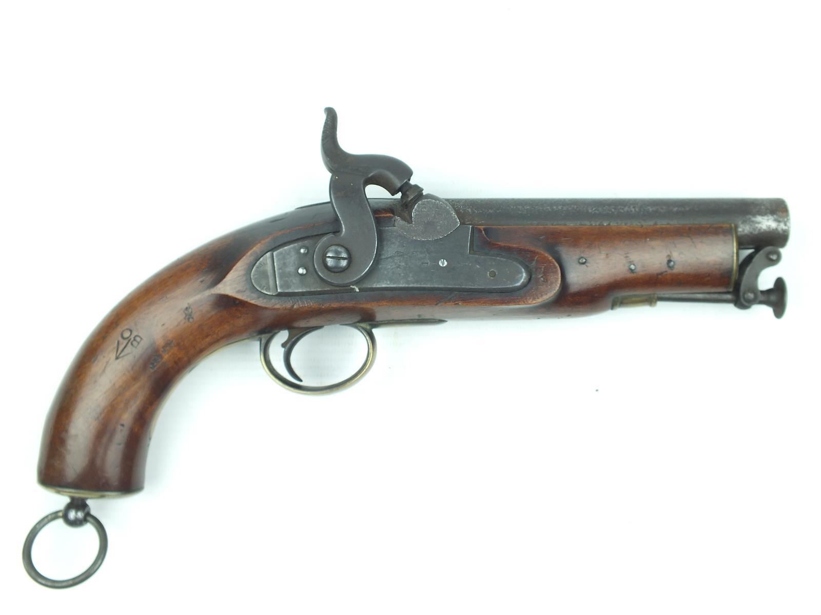 A percussion Coast Guard or Customs pistol, 6inch barrel, stepped lock stamped with a crown over