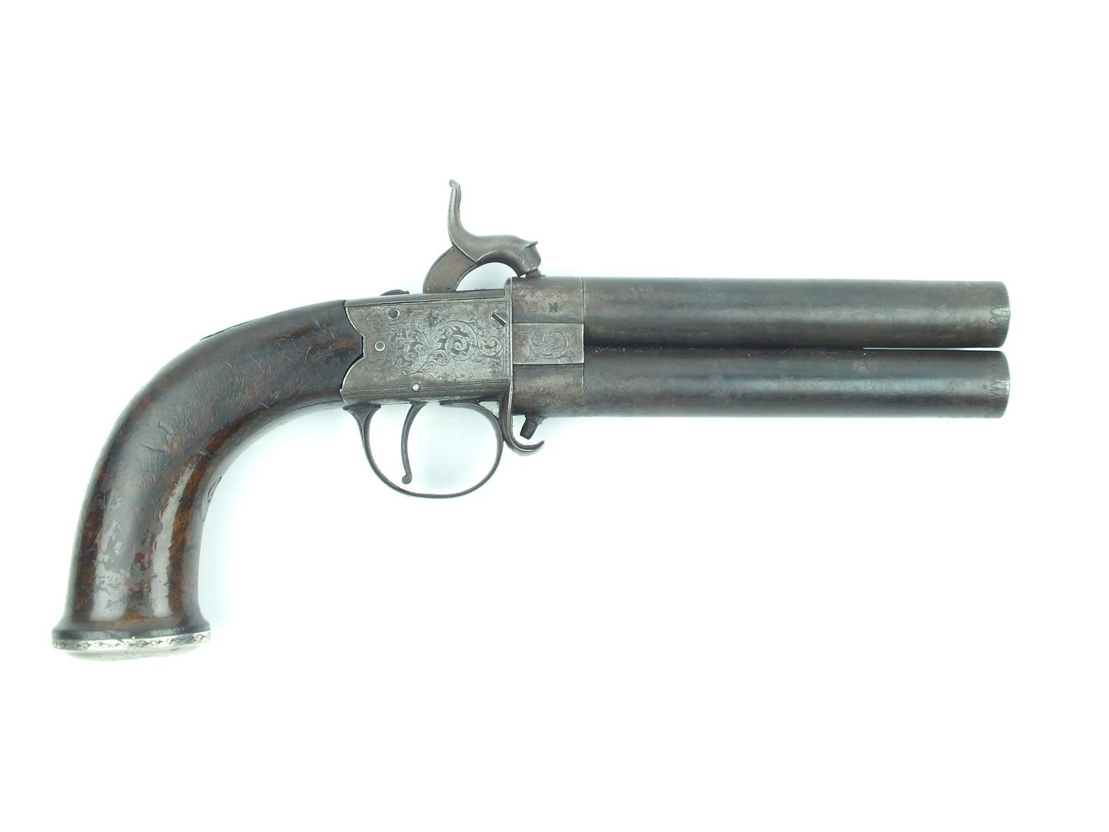 A 40-bore double barrelled percussion turnover belt pistol, 5inch barrels with scalloped engraving