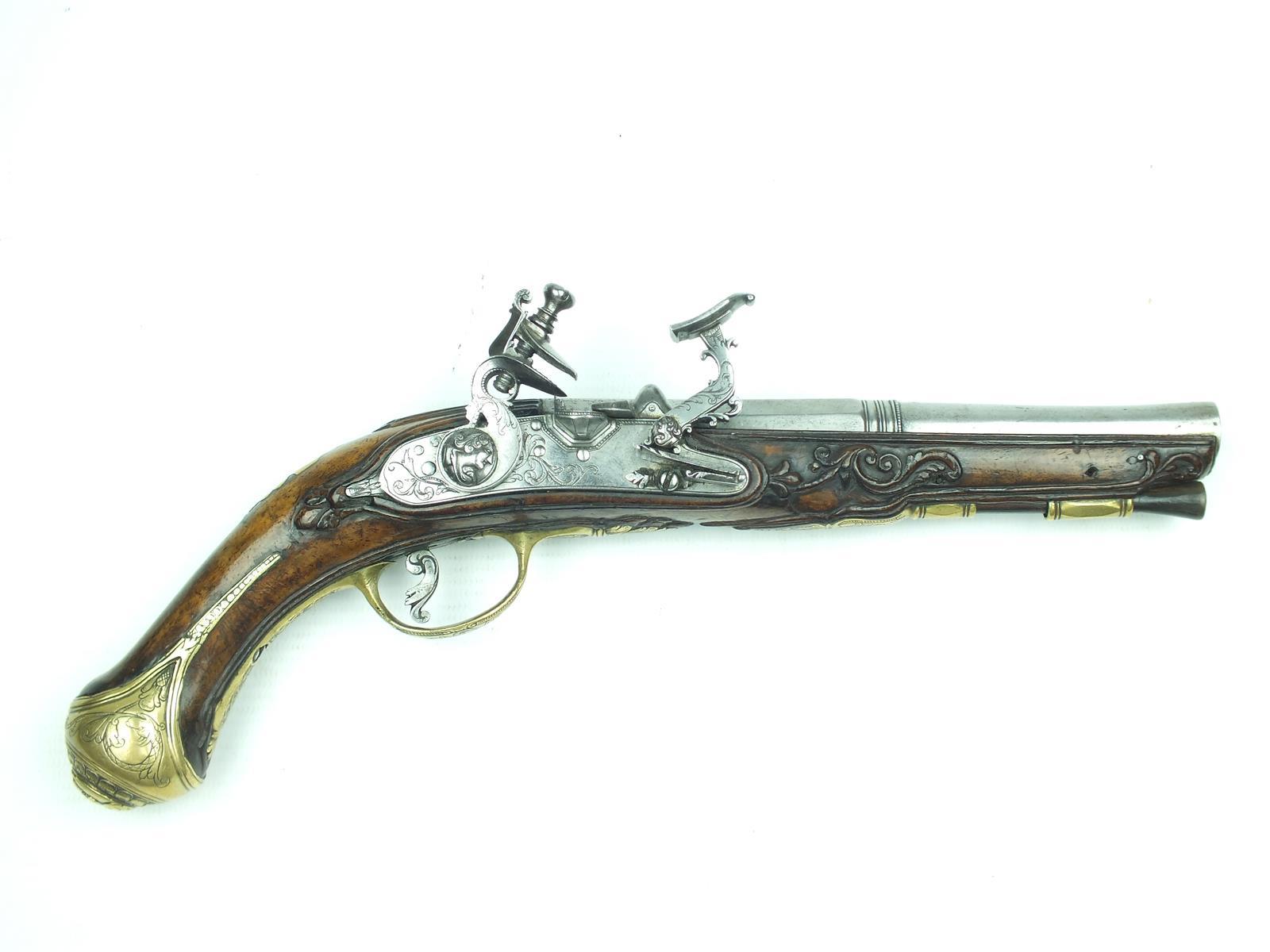 A 40-bore Tusco-Emilian snaphaunce travelling pistol by Brento, 6.75inch two-stage swamped barrel,