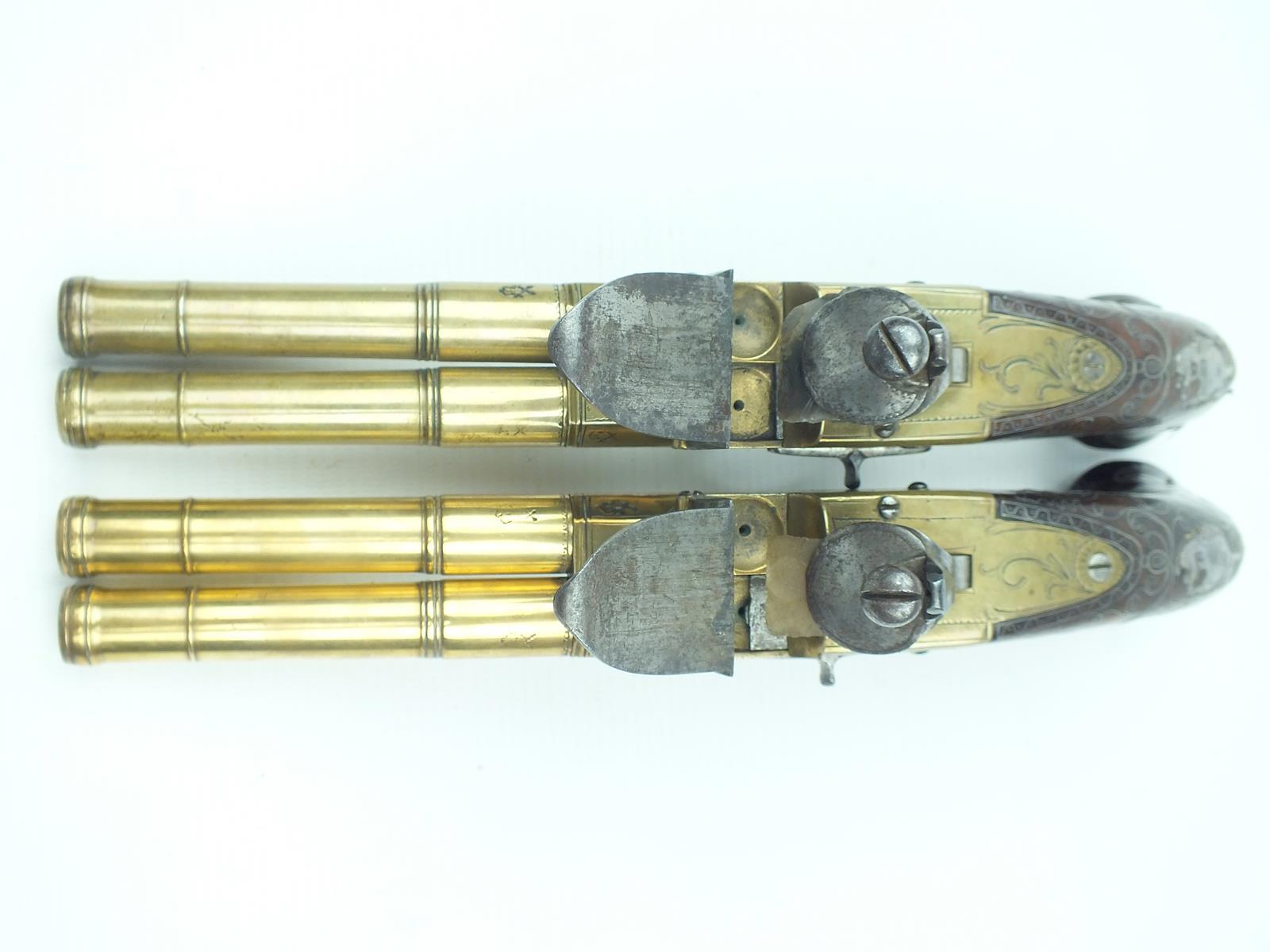 A fine pair of brass 54-bore flintlock Queen Anne double barrelled silver mounted coaching pistols - Image 4 of 13
